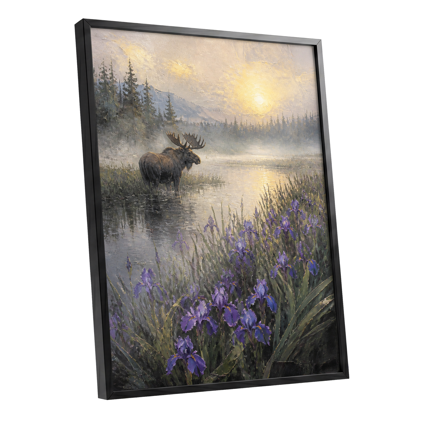 Moose at Golden Dawn, purple, gray, gold nature wall art shown as a black framed poster wall art print