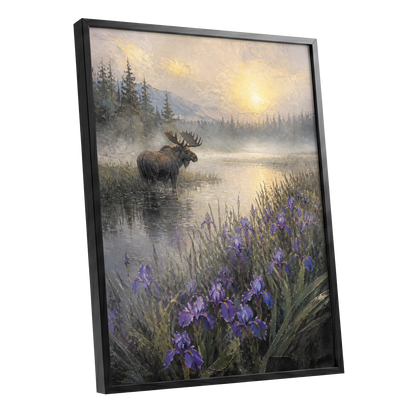Moose at Golden Dawn, purple, gray, gold nature wall art shown as a black framed poster wall art print