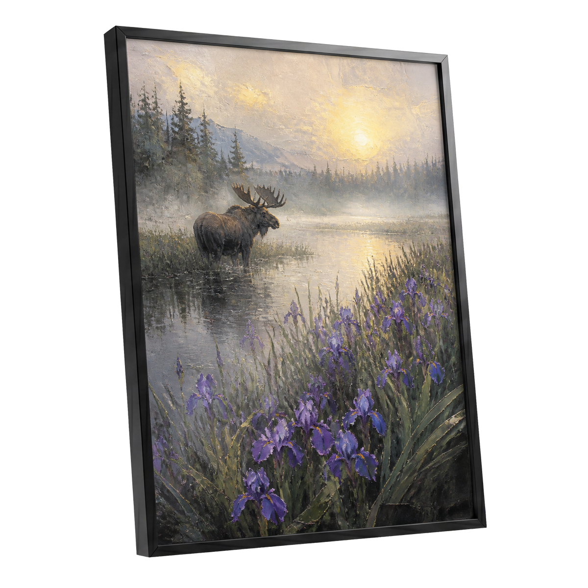 Moose at Golden Dawn, green, gold, purple nature wall art shown as a black framed poster wall art print
