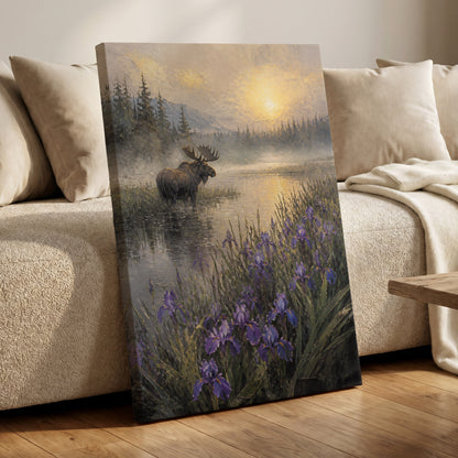 Moose at Golden Dawn, purple, gray, gold nature wall art on canvas displayed in a styled interior, gallery view 1