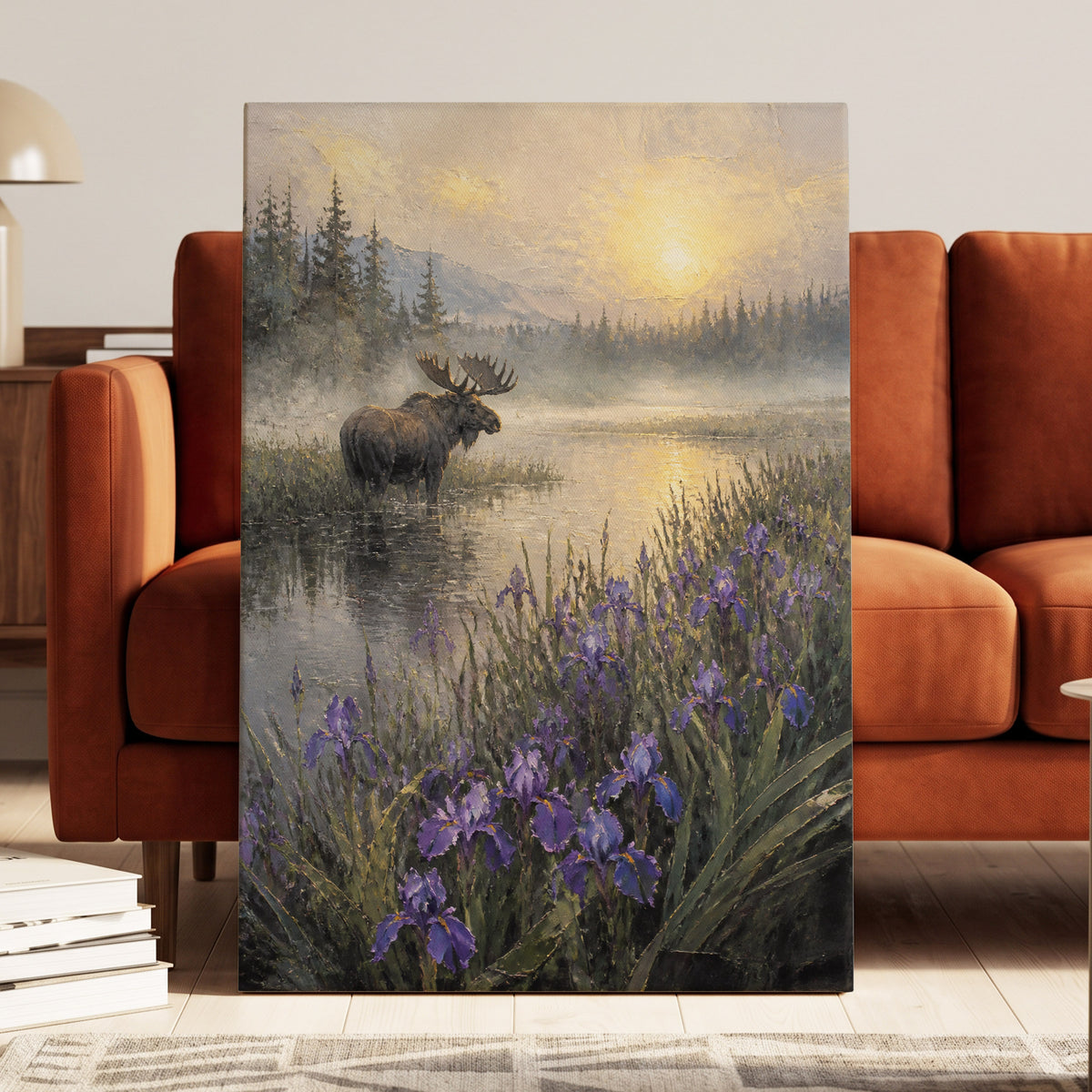 Moose at Golden Dawn, green, gold, purple nature wall art on canvas displayed in a styled interior, gallery view 1