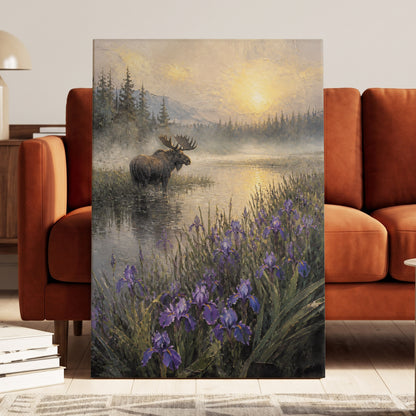 Moose at Golden Dawn, green, gold, purple nature wall art on canvas displayed in a styled interior, gallery view 1