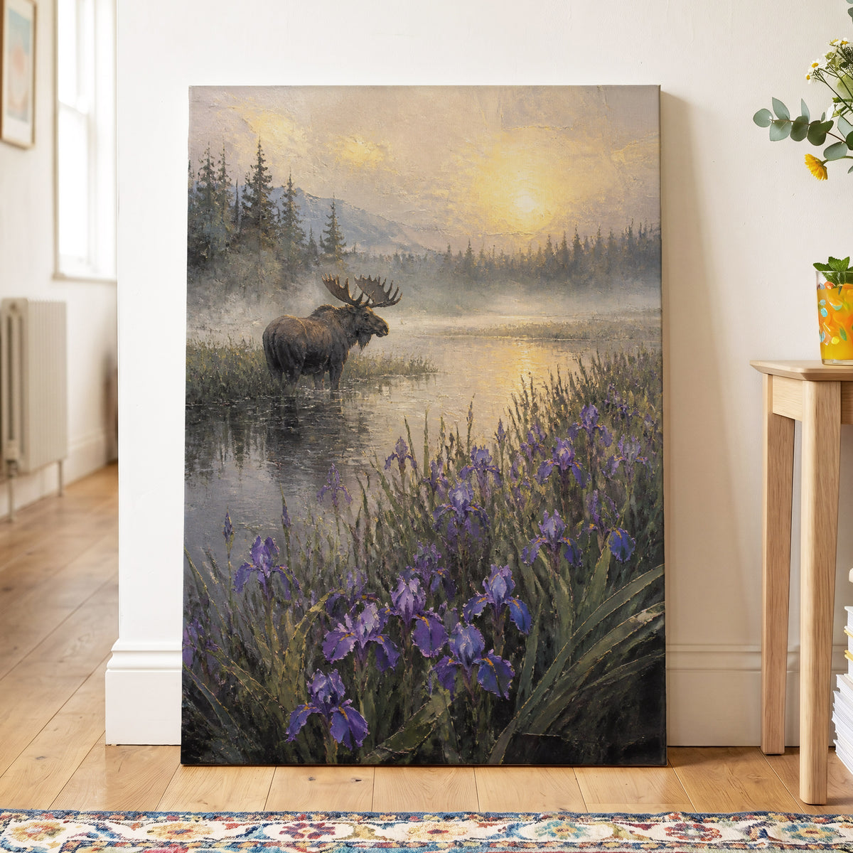 Moose at Golden Dawn, purple, gray, gold nature wall art on canvas displayed in a styled interior, gallery view 2