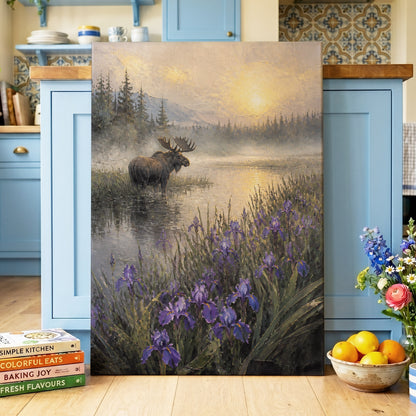 Moose at Golden Dawn, green, gold, purple nature wall art on canvas displayed in a styled interior, gallery view 2