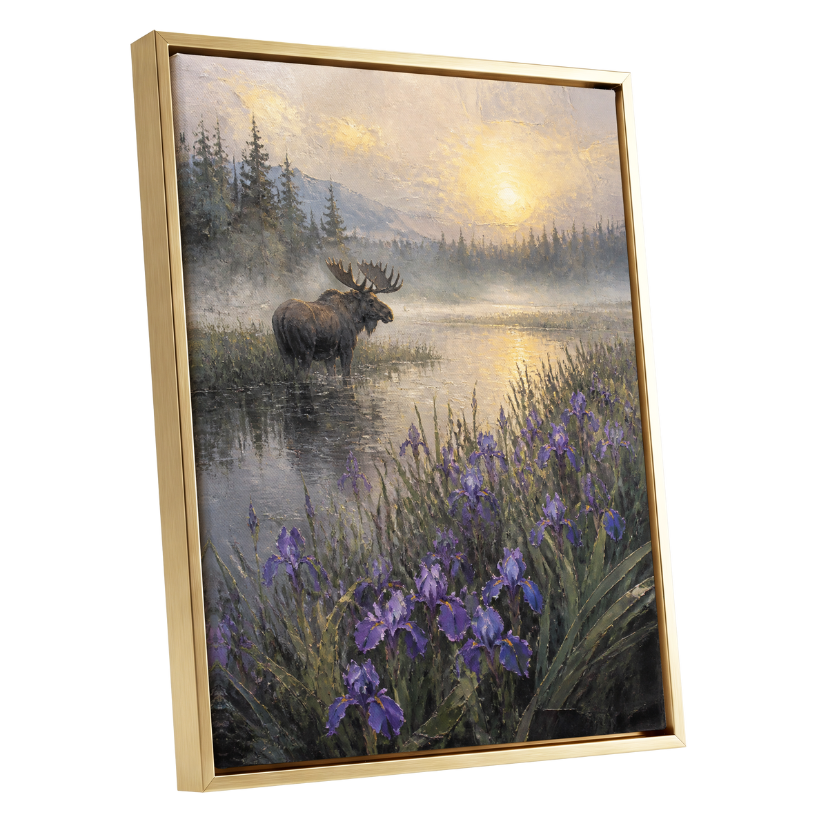 Moose at Golden Dawn, purple, gray, gold nature wall art shown as a gold framed canvas wall art