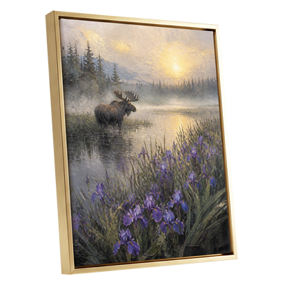 Moose at Golden Dawn, purple, gray, gold nature wall art shown as a gold framed canvas wall art