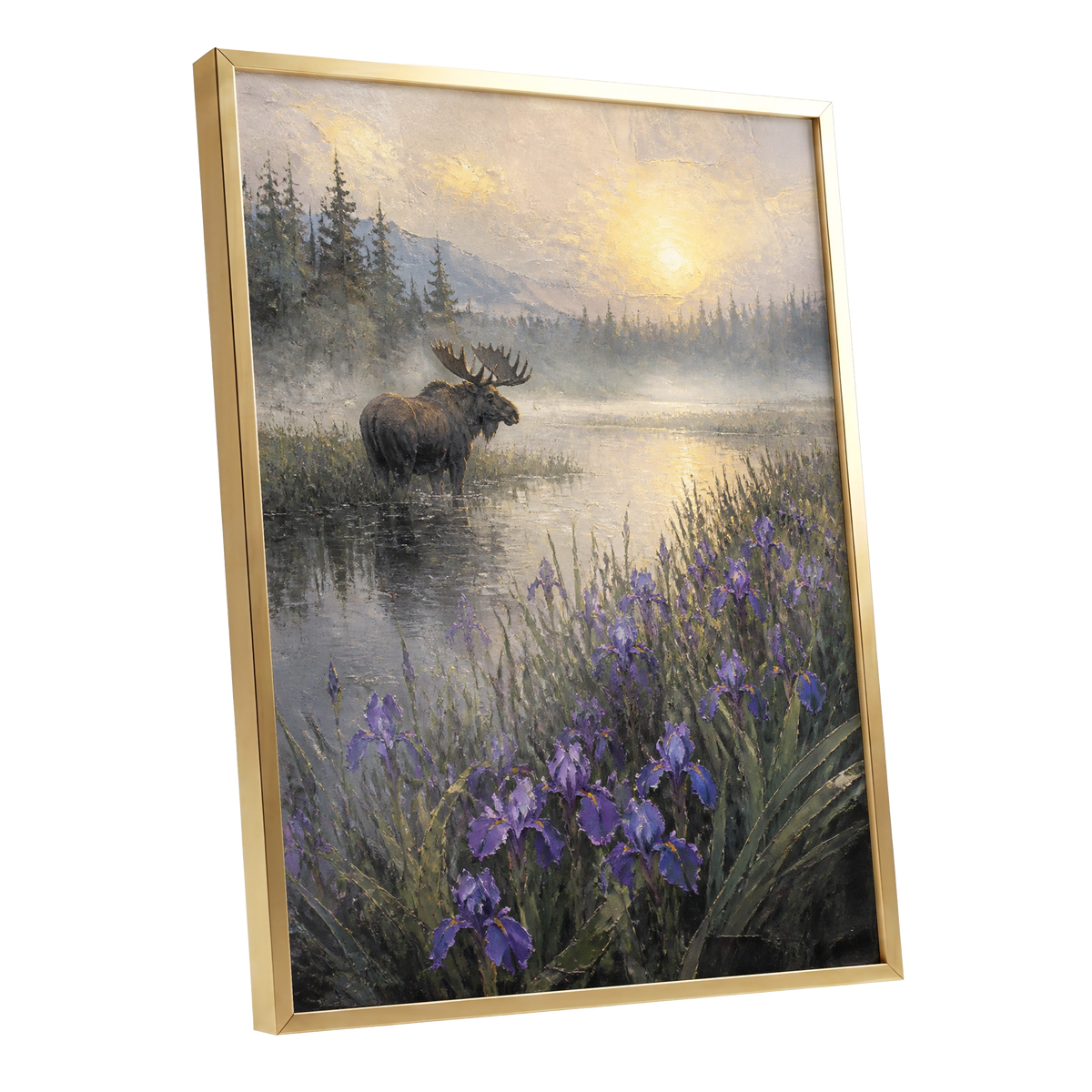 Moose at Golden Dawn, purple, gray, gold nature wall art shown as a gold framed poster wall art print