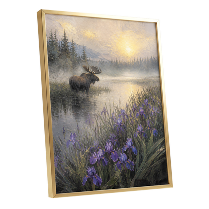 Moose at Golden Dawn, green, gold, purple nature wall art shown as a gold framed poster wall art print