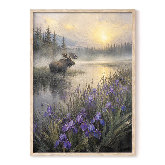 Moose at Golden Dawn, purple, gray, gold nature wall art, front artwork view