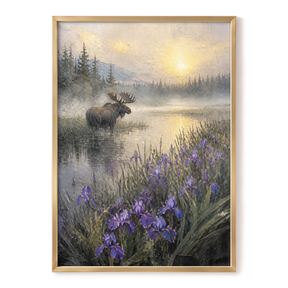 Moose at Golden Dawn, green, gold, purple nature wall art, front artwork view