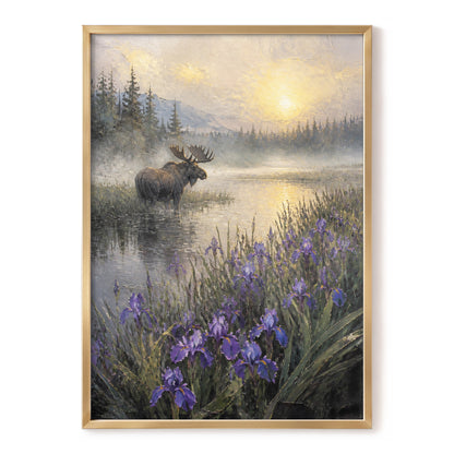 Moose at Golden Dawn, green, gold, purple nature wall art, front artwork view