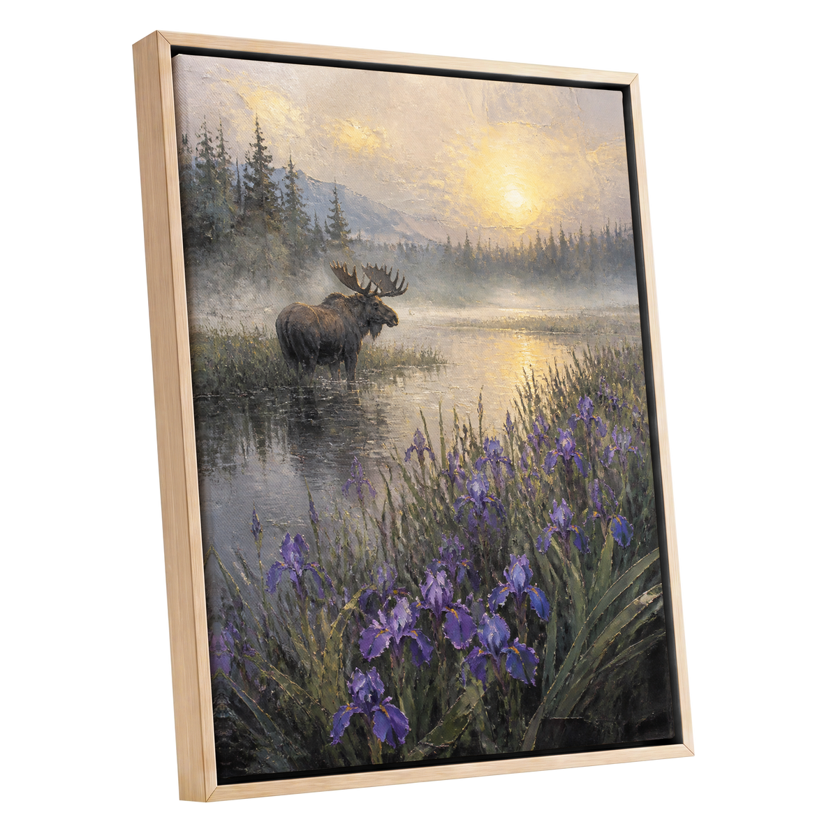 Moose at Golden Dawn, purple, gray, gold nature wall art shown as a oak framed canvas wall art