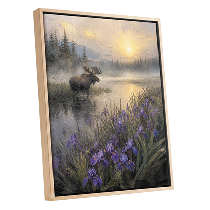 Moose at Golden Dawn, green, gold, purple nature wall art shown as a oak framed canvas wall art