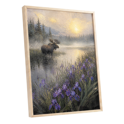 Moose at Golden Dawn, purple, gray, gold nature wall art shown as a oak framed poster wall art print