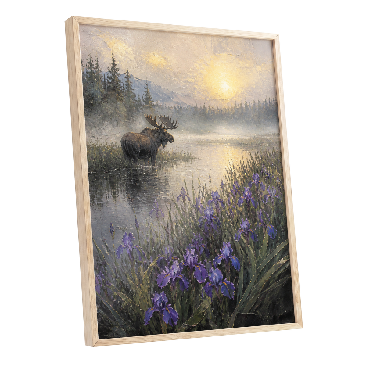 Moose at Golden Dawn, green, gold, purple nature wall art shown as a oak framed poster wall art print