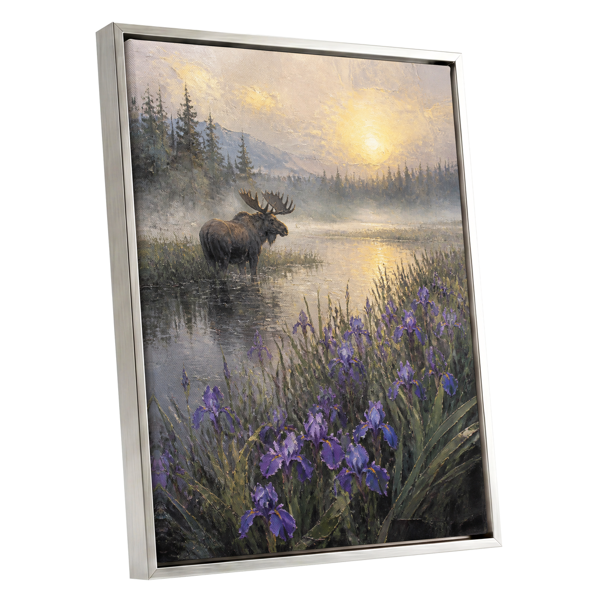Moose at Golden Dawn, purple, gray, gold nature wall art shown as a silver framed canvas wall art