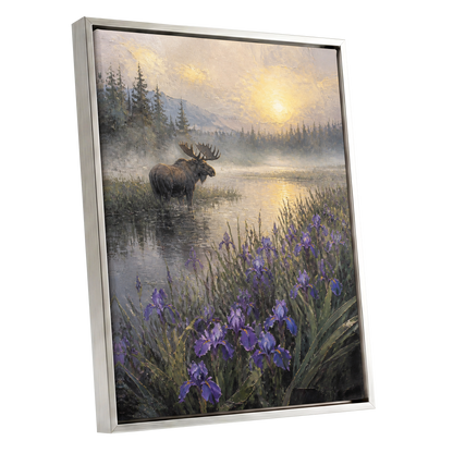 Moose at Golden Dawn, purple, gray, gold nature wall art shown as a silver framed canvas wall art