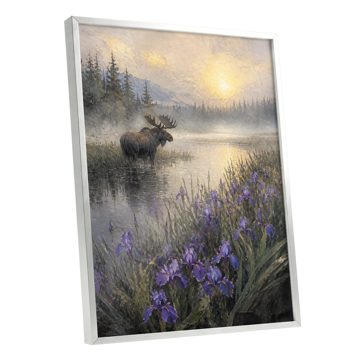 Moose at Golden Dawn, purple, gray, gold nature wall art shown as a silver framed poster wall art print