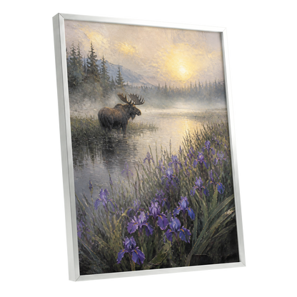 Moose at Golden Dawn, purple, gray, gold nature wall art shown as a silver framed poster wall art print