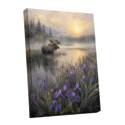 Moose at Golden Dawn, green, gold, purple nature wall art shown as a stretched canvas wall art