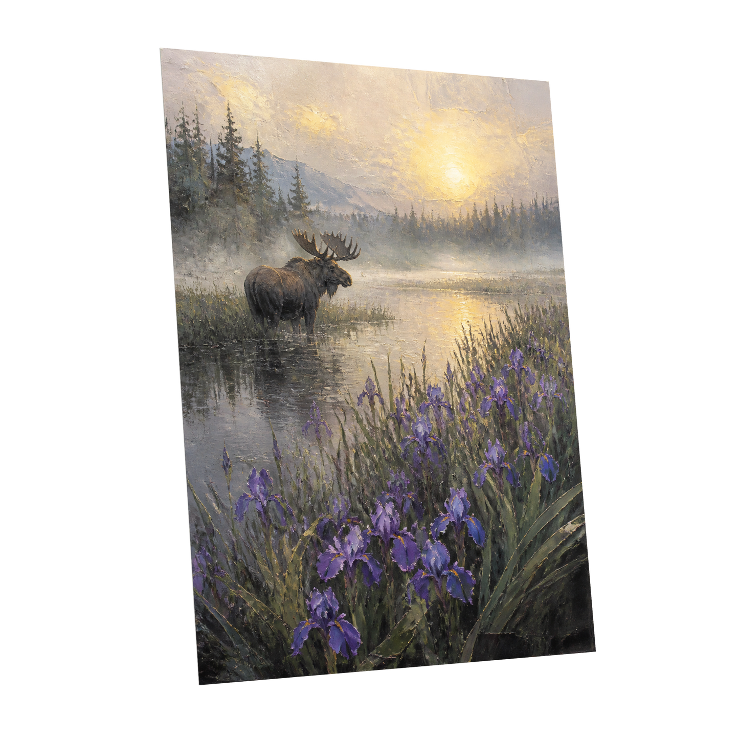 Moose at Golden Dawn, purple, gray, gold nature wall art shown as a unframed poster wall art print