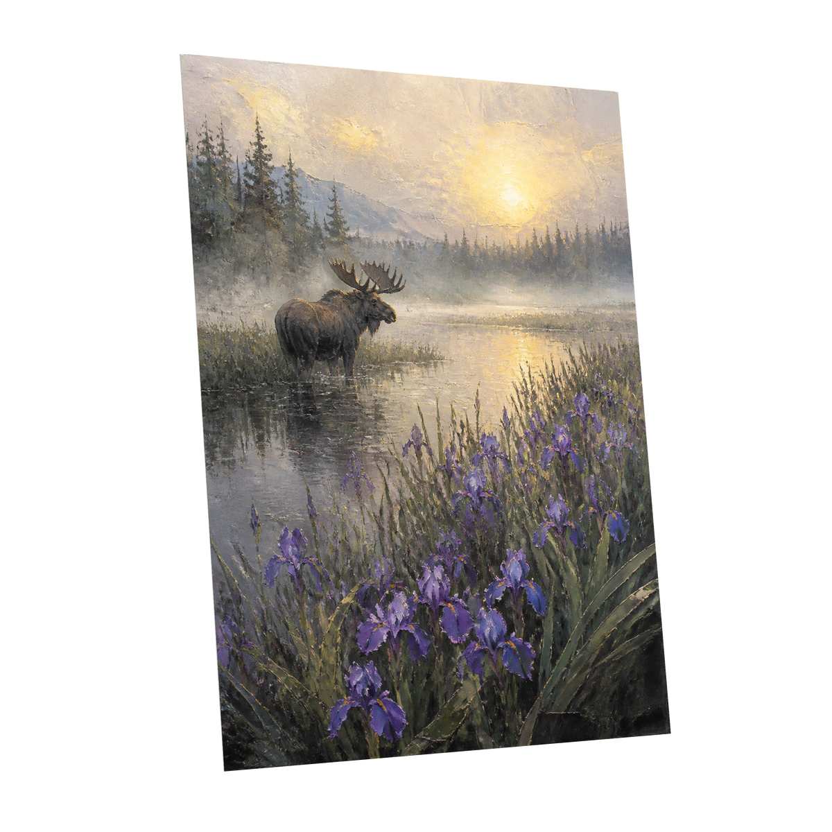Moose at Golden Dawn, purple, gray, gold nature wall art shown as a unframed poster wall art print