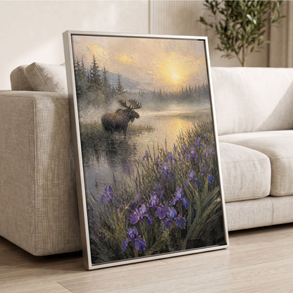 Moose at Golden Dawn, purple, gray, gold nature wall art displayed in a styled interior, gallery view 1