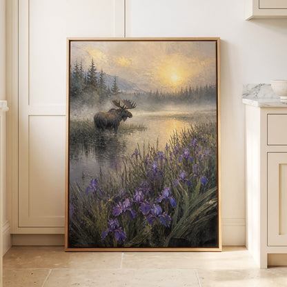 Moose at Golden Dawn, green, gold, purple nature wall art displayed in a styled interior, gallery view 1
