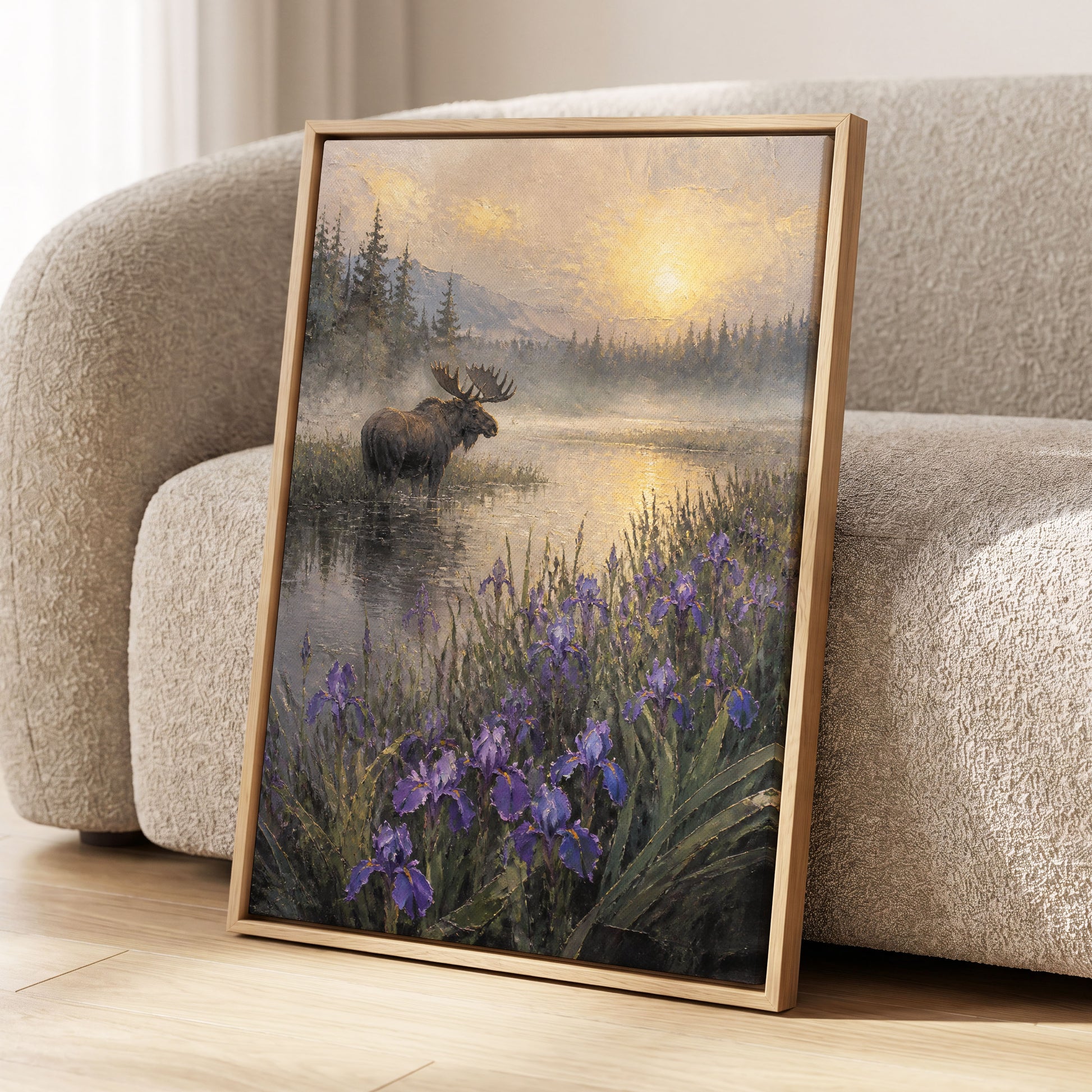 Moose at Golden Dawn, purple, gray, gold nature wall art displayed in a styled interior, gallery view 2