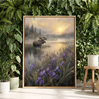 Moose at Golden Dawn, green, gold, purple nature wall art displayed in a styled interior, gallery view 2