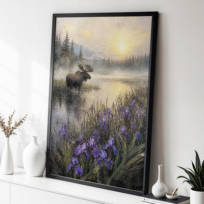 Moose at Golden Dawn, purple, gray, gold nature wall art displayed in a styled interior, gallery view 3