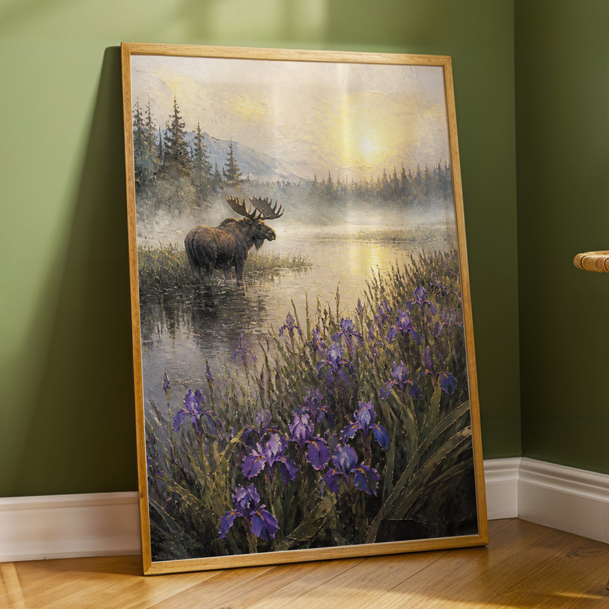 Moose at Golden Dawn, green, gold, purple nature wall art displayed in a styled interior, gallery view 3