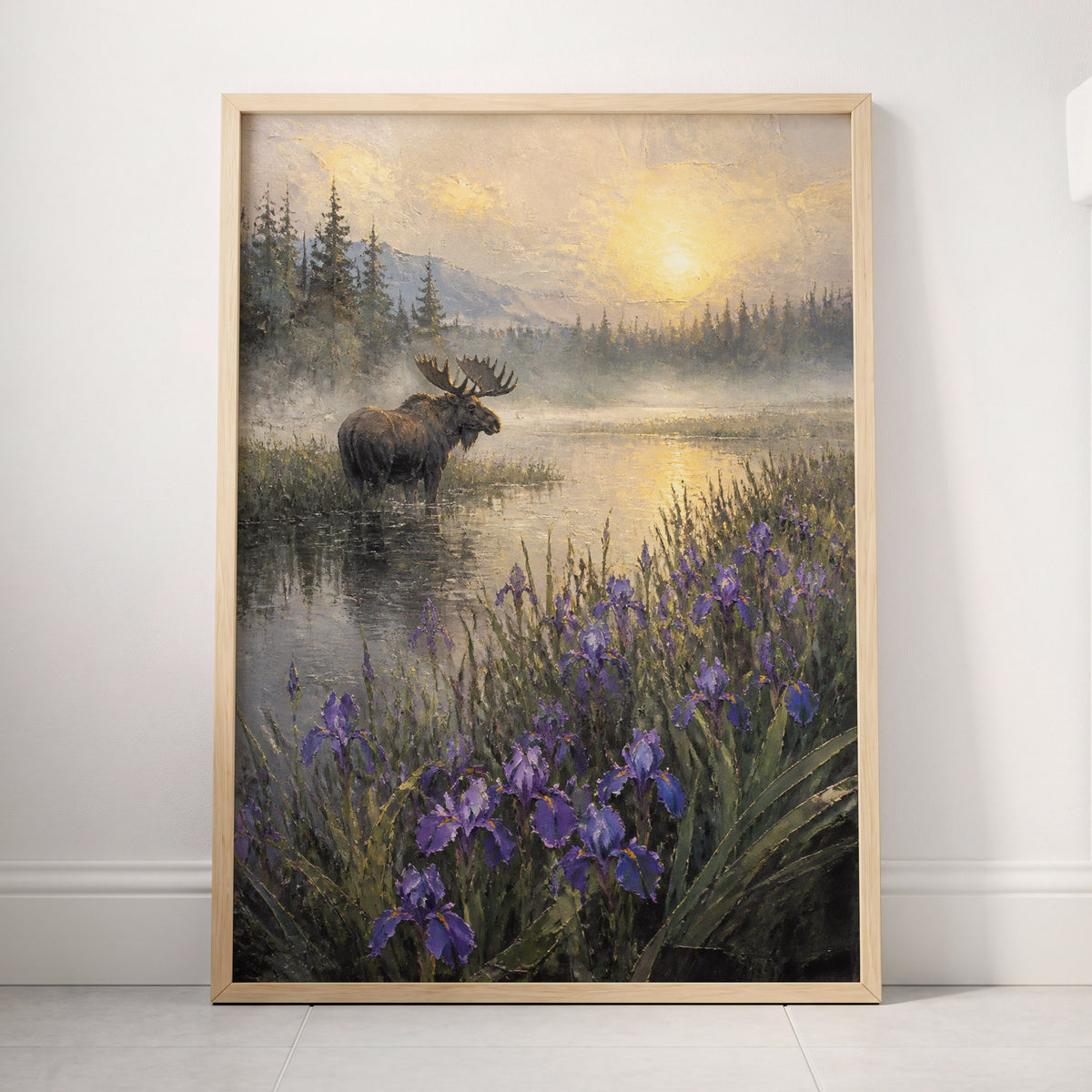 Moose at Golden Dawn, purple, gray, gold nature wall art displayed in a styled interior, gallery view 4