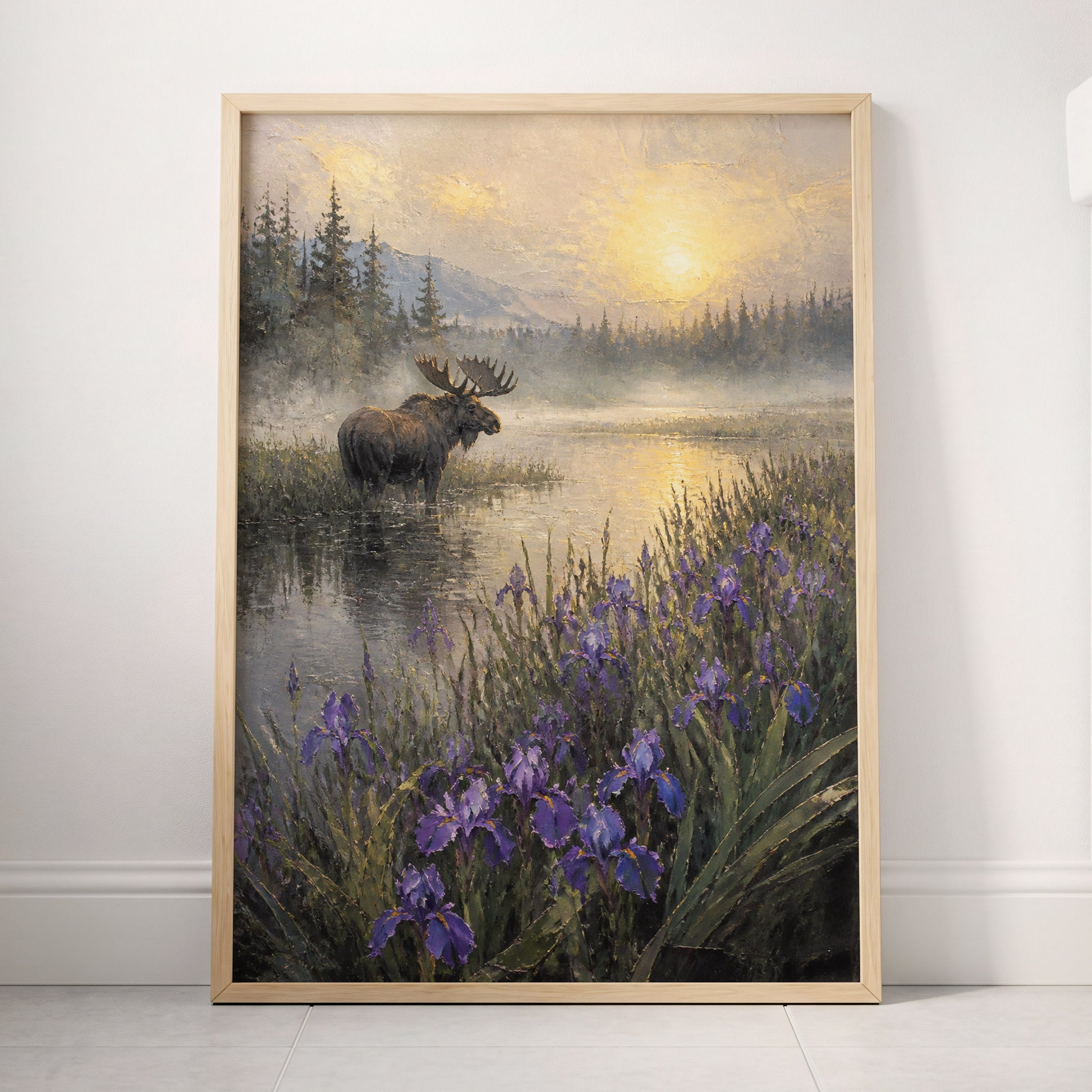 Moose at Golden Dawn, purple, gray, gold nature wall art displayed in a styled interior, gallery view 4