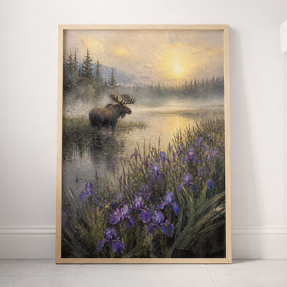 Moose at Golden Dawn, purple, gray, gold nature wall art displayed in a styled interior, gallery view 4