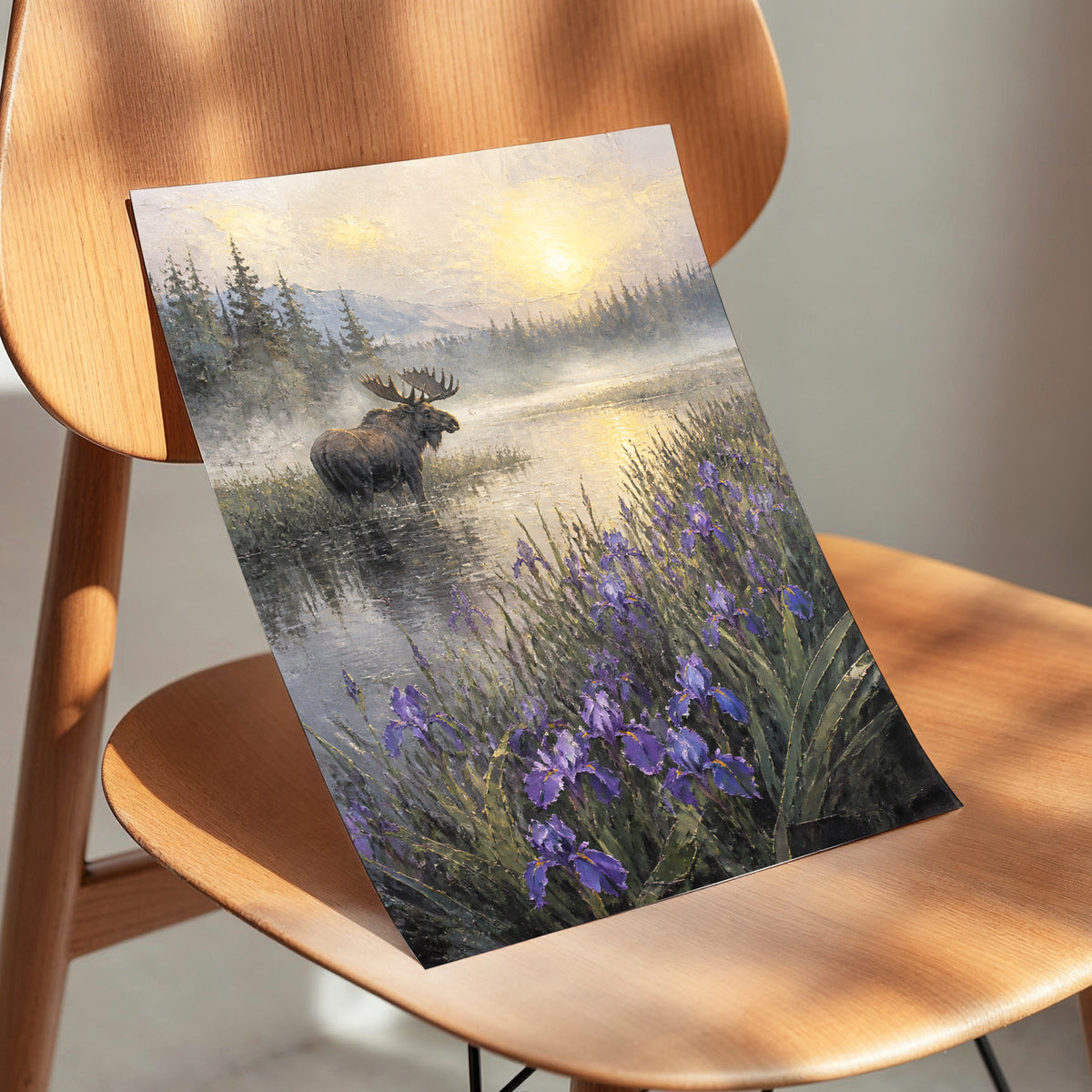 Moose at Golden Dawn, green, gold, purple nature wall art displayed in a styled interior, gallery view 4