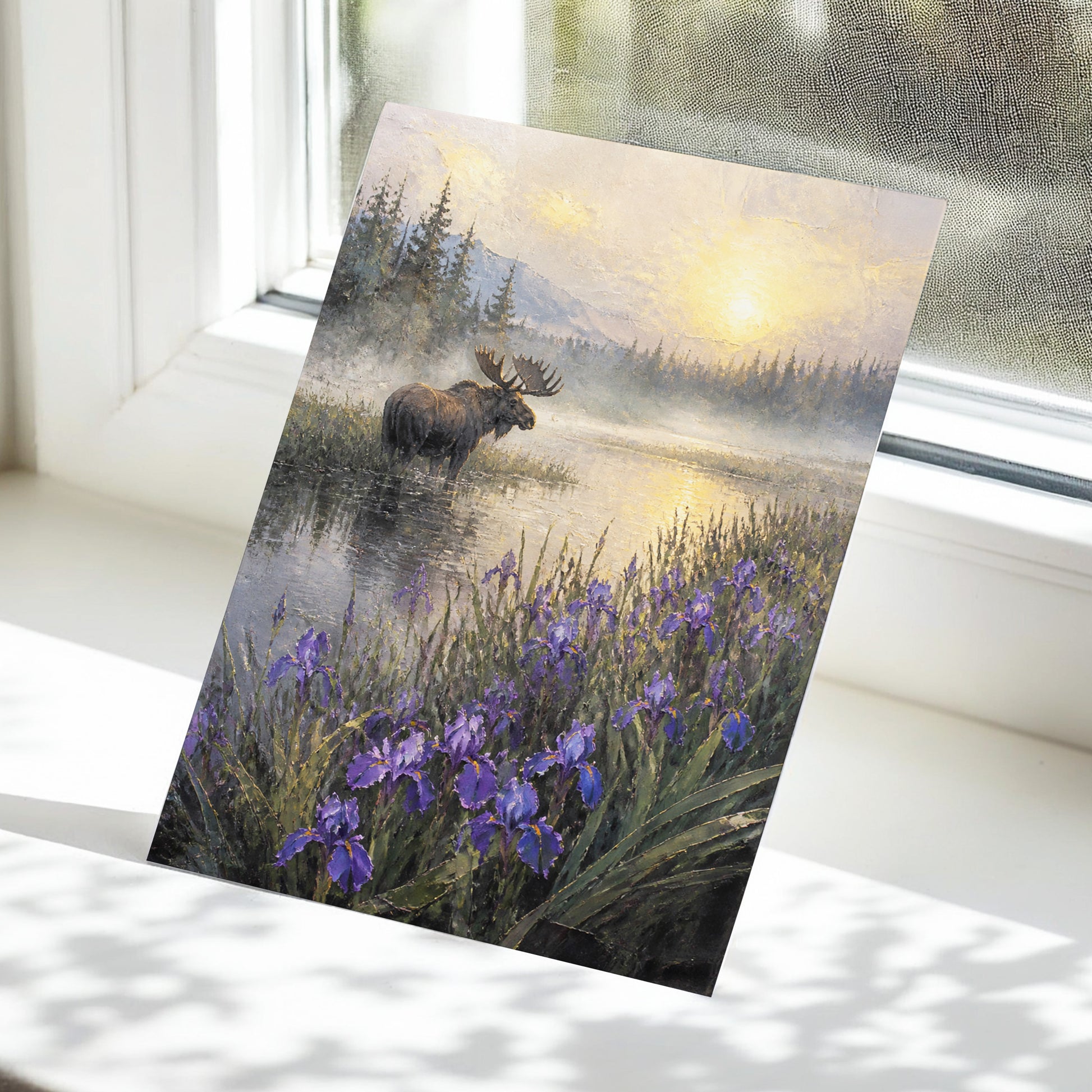 Moose at Golden Dawn, purple, gray, gold nature wall art displayed in a styled interior, gallery view 5