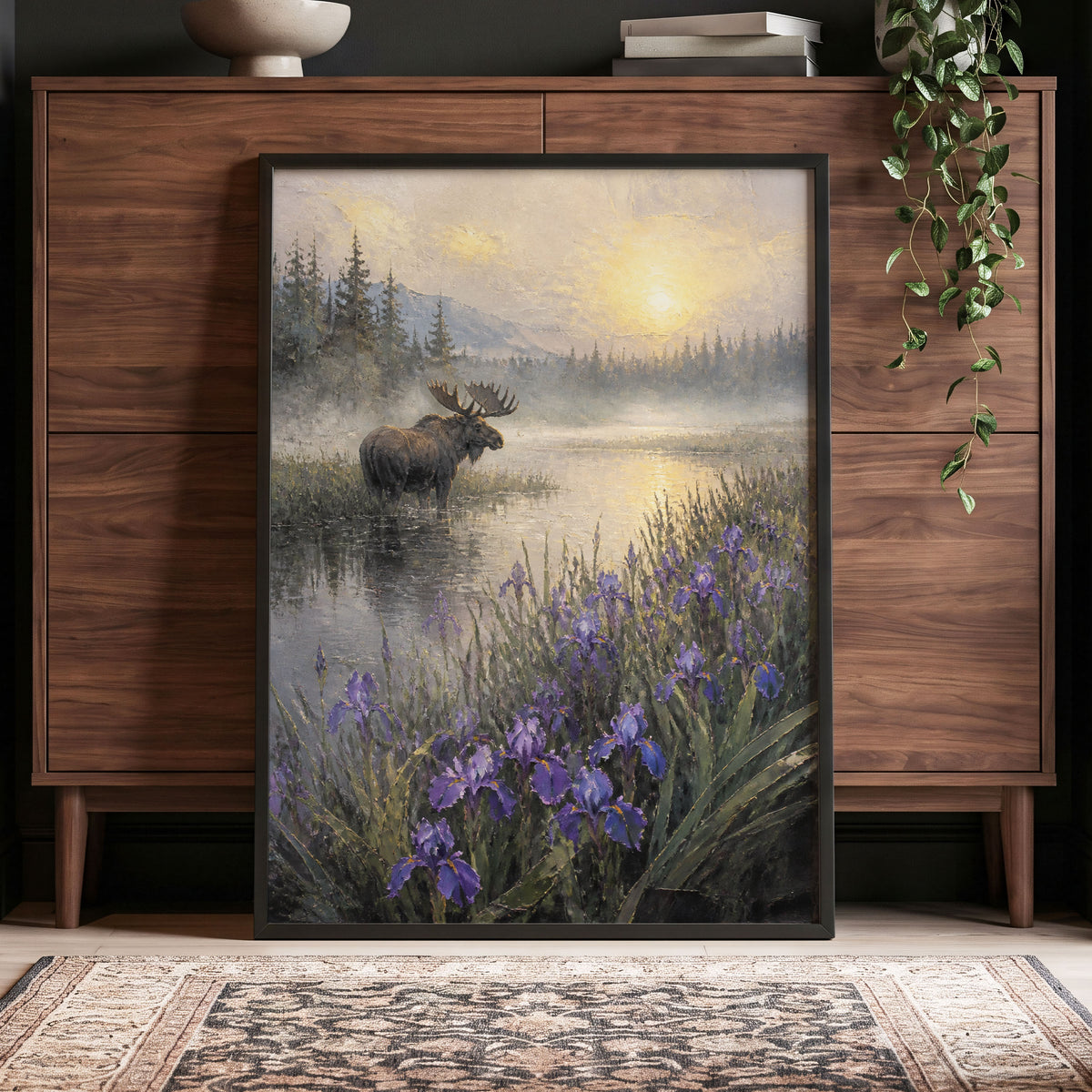 Moose at Golden Dawn, green, gold, purple nature wall art displayed in a styled interior, gallery view 5