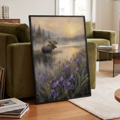Moose at Golden Dawn, purple, gray, gold nature wall art displayed in a styled interior, gallery view 6
