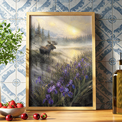 Moose at Golden Dawn, green, gold, purple nature wall art displayed in a styled interior, gallery view 6