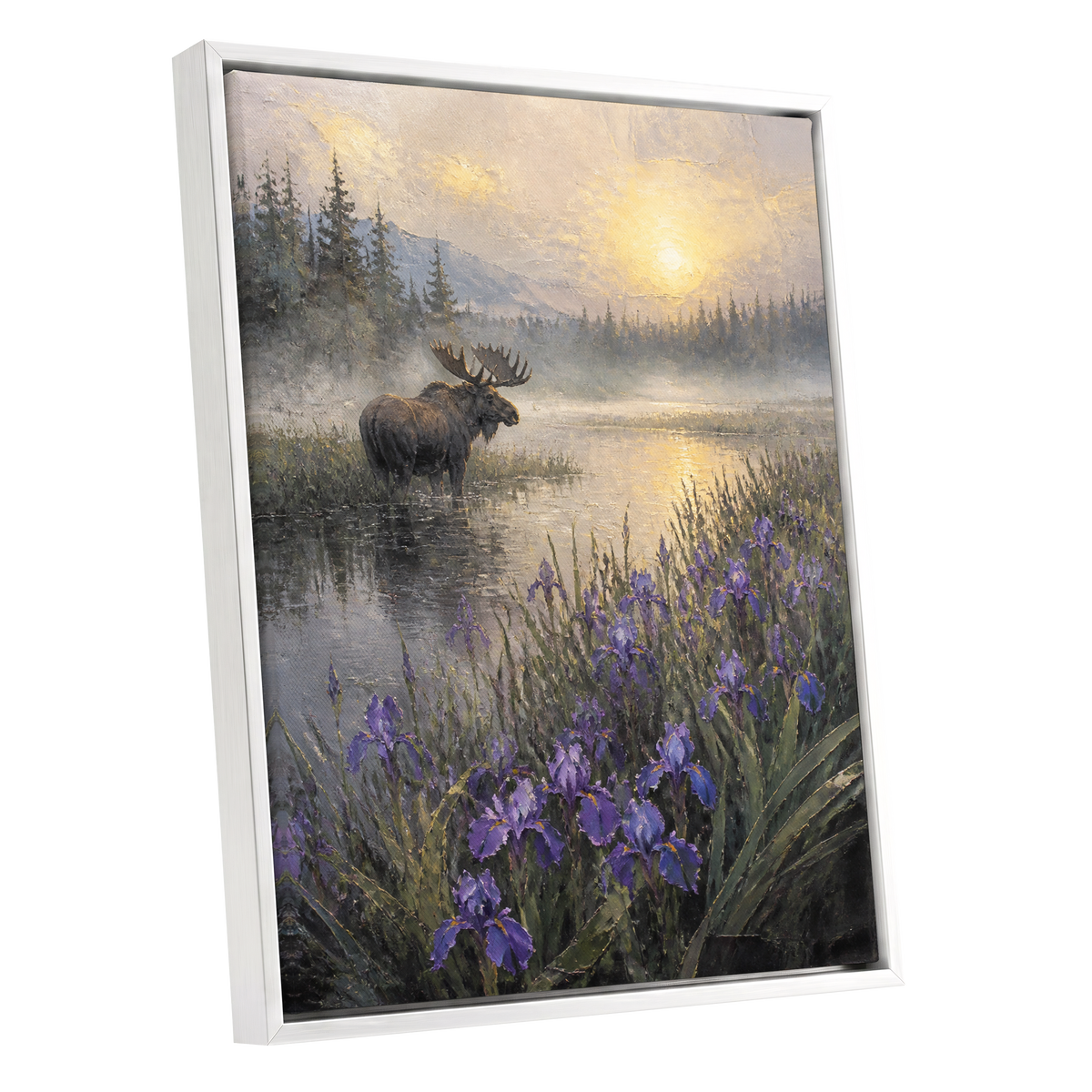 Moose at Golden Dawn, purple, gray, gold nature wall art shown as a white framed canvas wall art