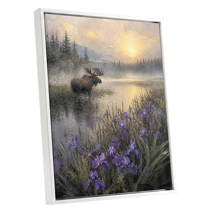 Moose at Golden Dawn, green, gold, purple nature wall art shown as a white framed canvas wall art