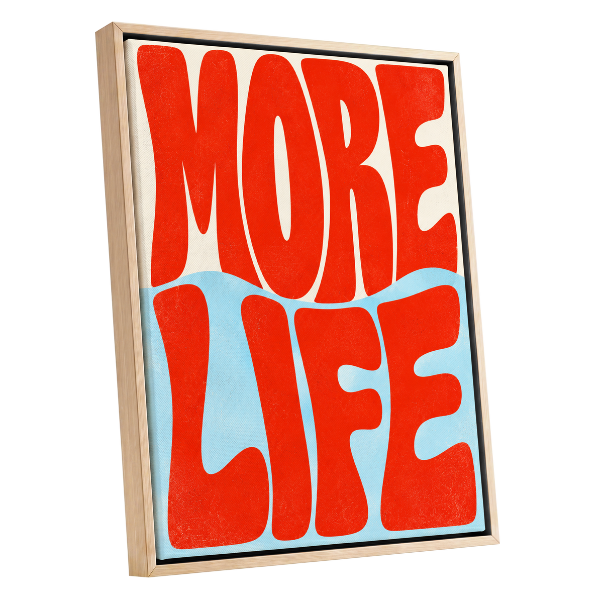 More Life Waves, red, blue, beige abstract wall art shown as a oak framed canvas wall art