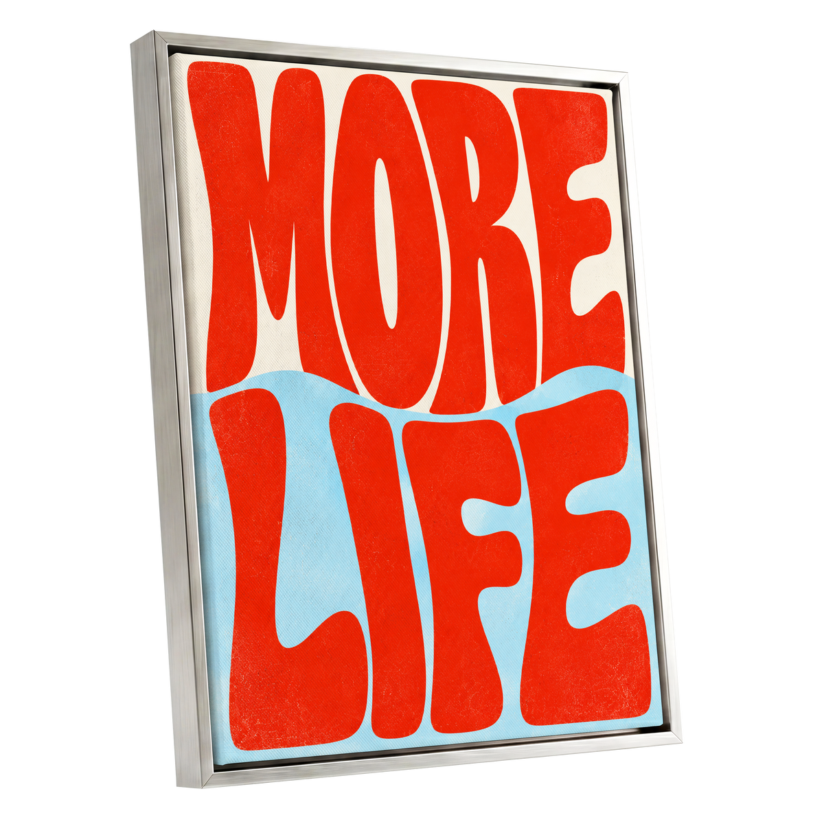 More Life Waves, red, blue, beige abstract wall art shown as a silver framed canvas wall art