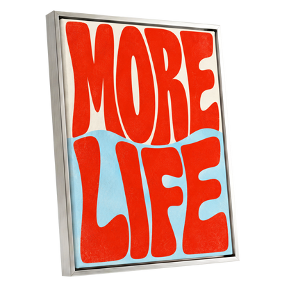 More Life Waves, red, blue, beige abstract wall art shown as a silver framed canvas wall art
