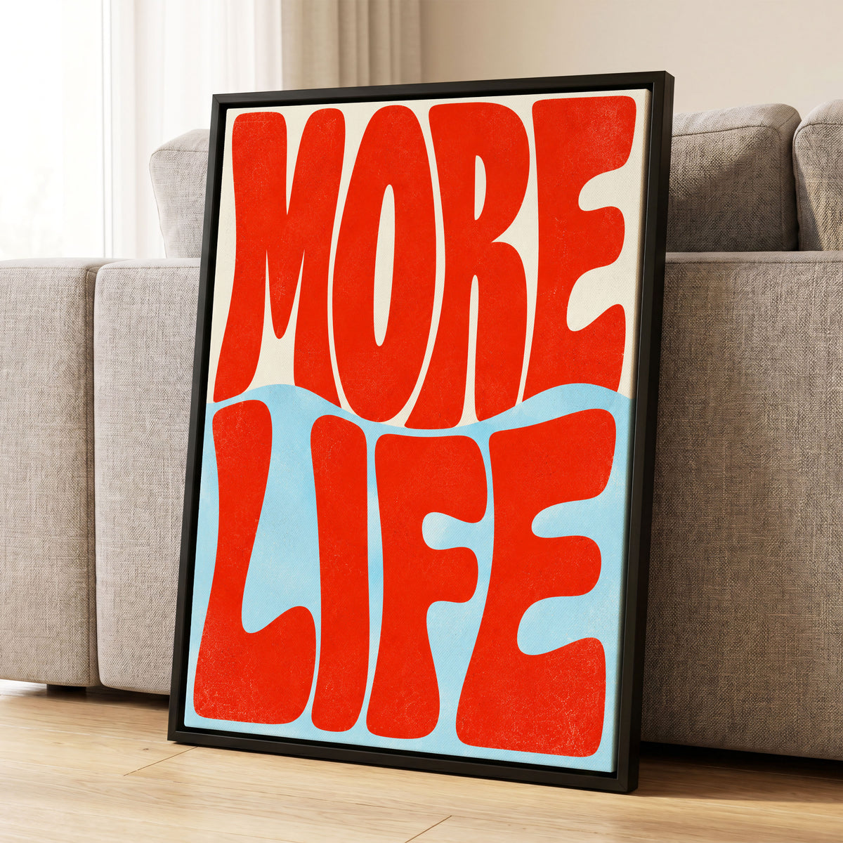 More Life Waves, red, blue, beige abstract wall art displayed in a styled interior, gallery view 1