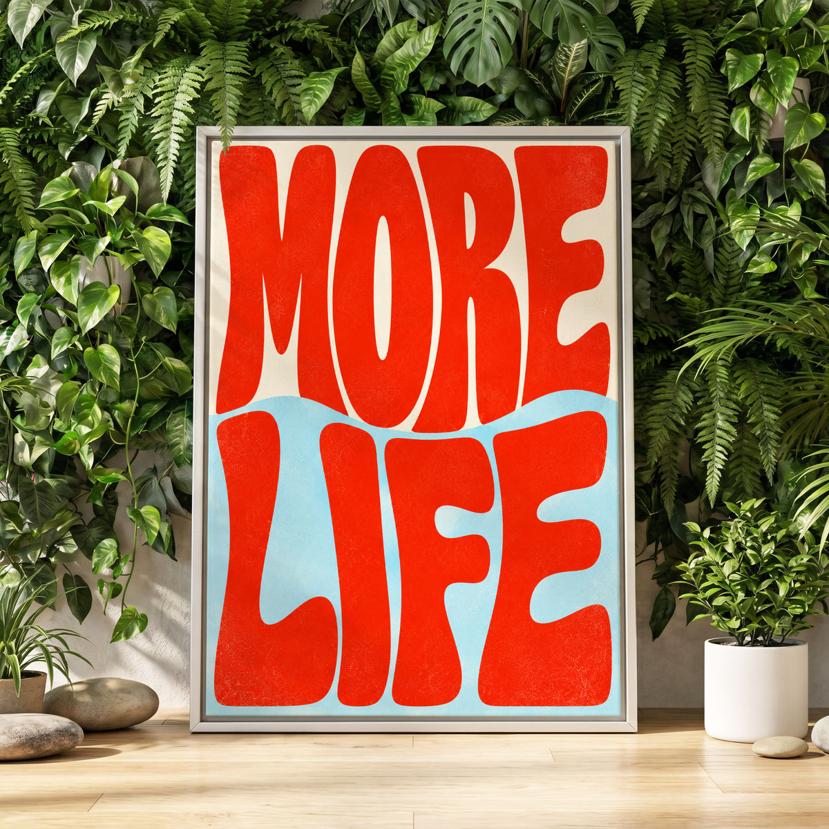 More Life Waves, red, blue, beige abstract wall art displayed in a styled interior, gallery view 2
