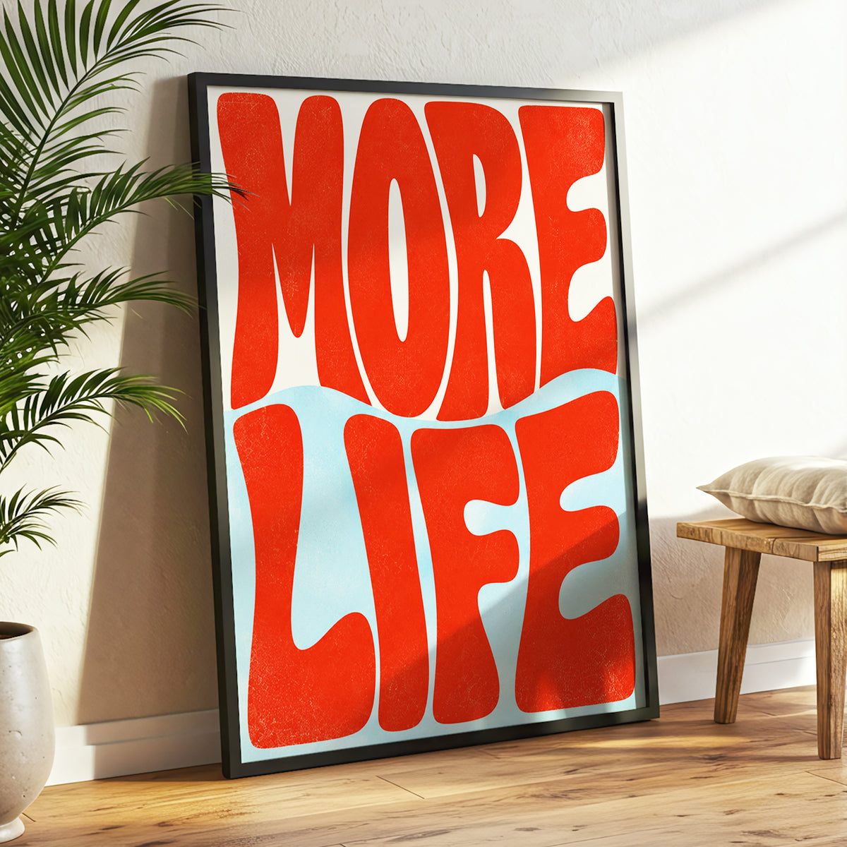 More Life Waves, red, blue, beige abstract wall art displayed in a styled interior, gallery view 3