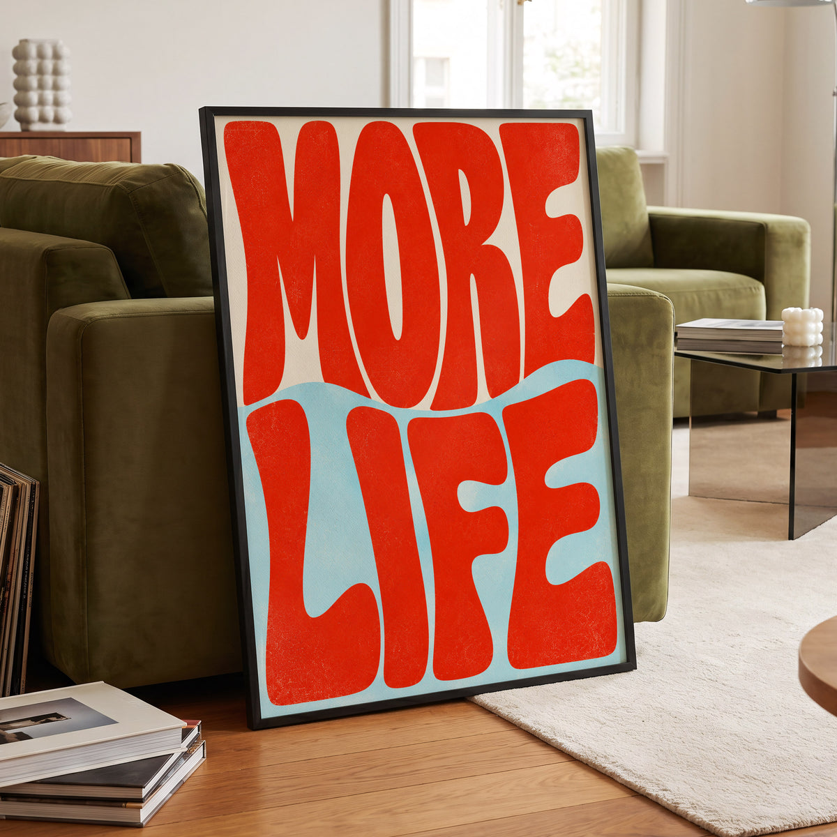 More Life Waves, red, blue, beige abstract wall art displayed in a styled interior, gallery view 6