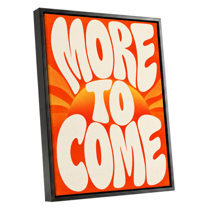 More to Come Glow, orange, beige, yellow abstract wall art shown as a black framed canvas wall art